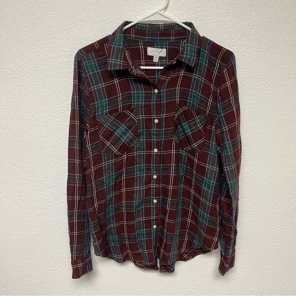 Lucky Brand Women’s Maroon Plaid Long Sleeve Button Down Shirt w/ Back Slit MED - Picture 1 of 4